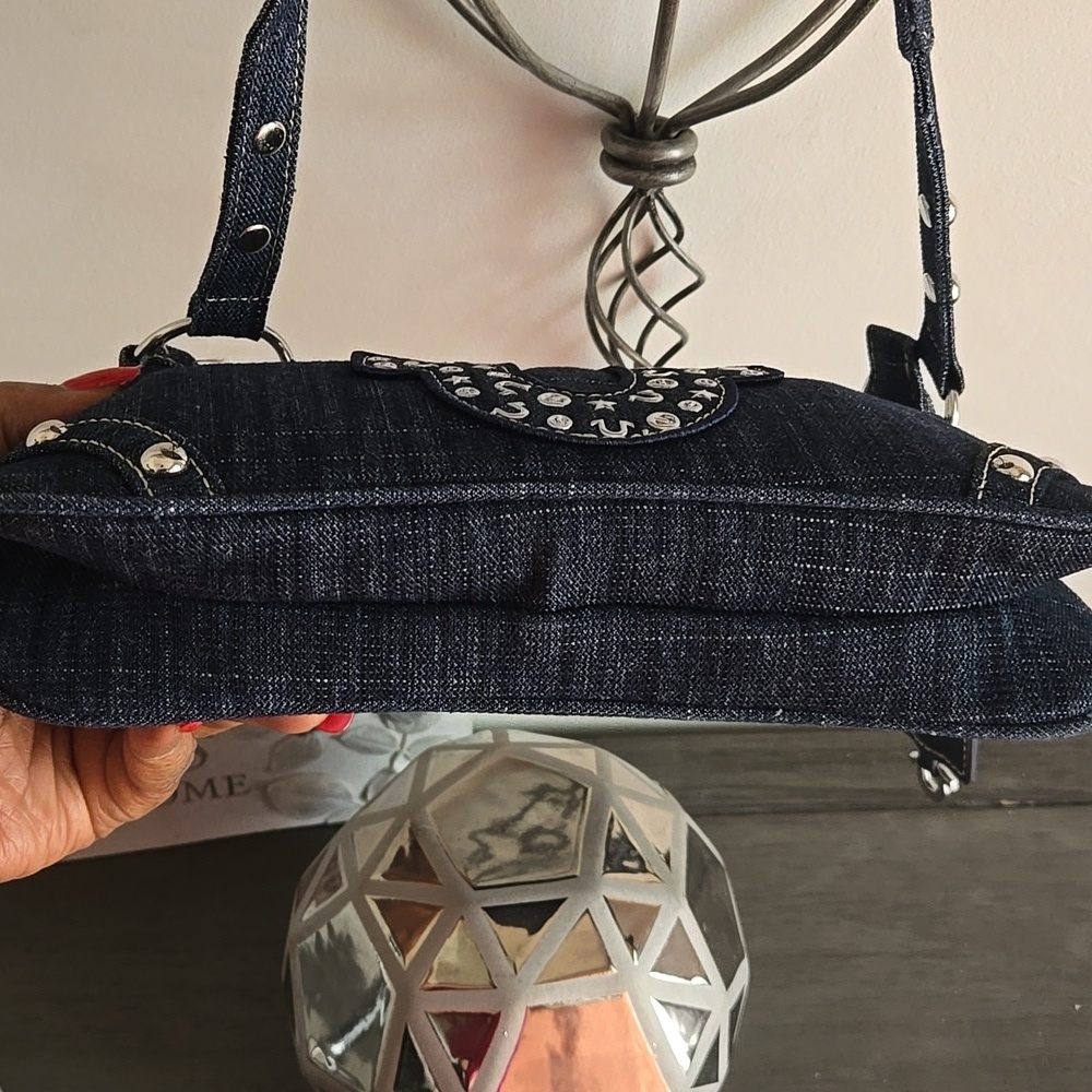 True Religion Rhinestone Studded Horseshoe Denim Shoulder Bag - Picture 6 of 10